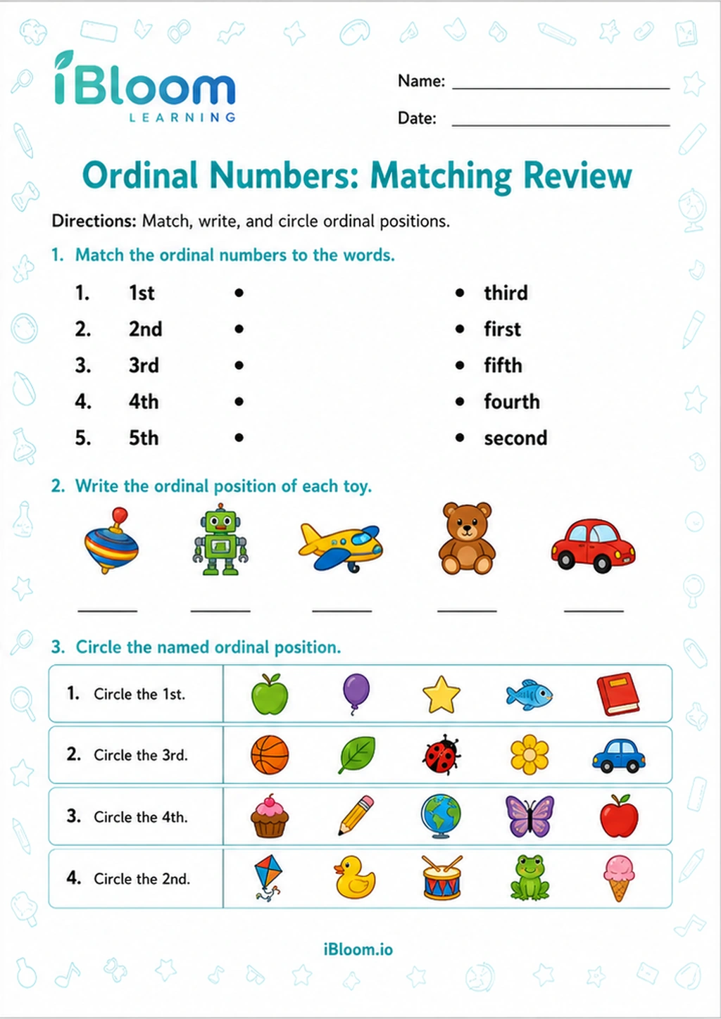 Ordinal Numbers: Matching Review printable UKG worksheet