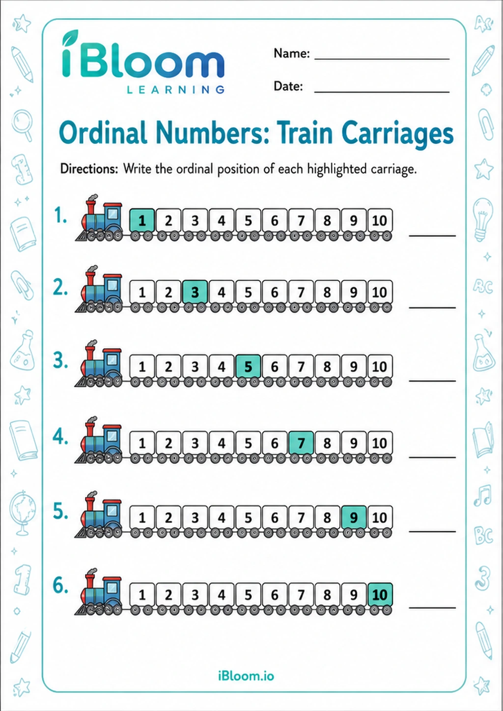 Preview of Ordinal Numbers: Train Carriages worksheet