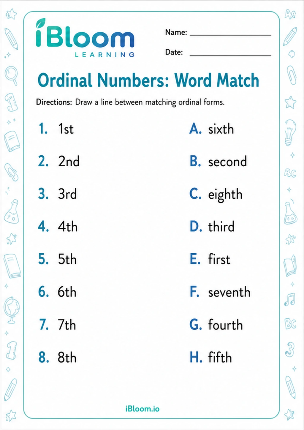 Preview of Ordinal Numbers: Word Match worksheet