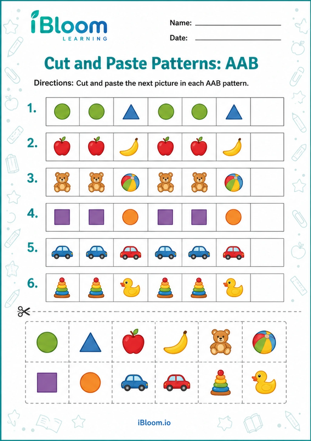Cut and Paste Patterns: AAB printable UKG worksheet