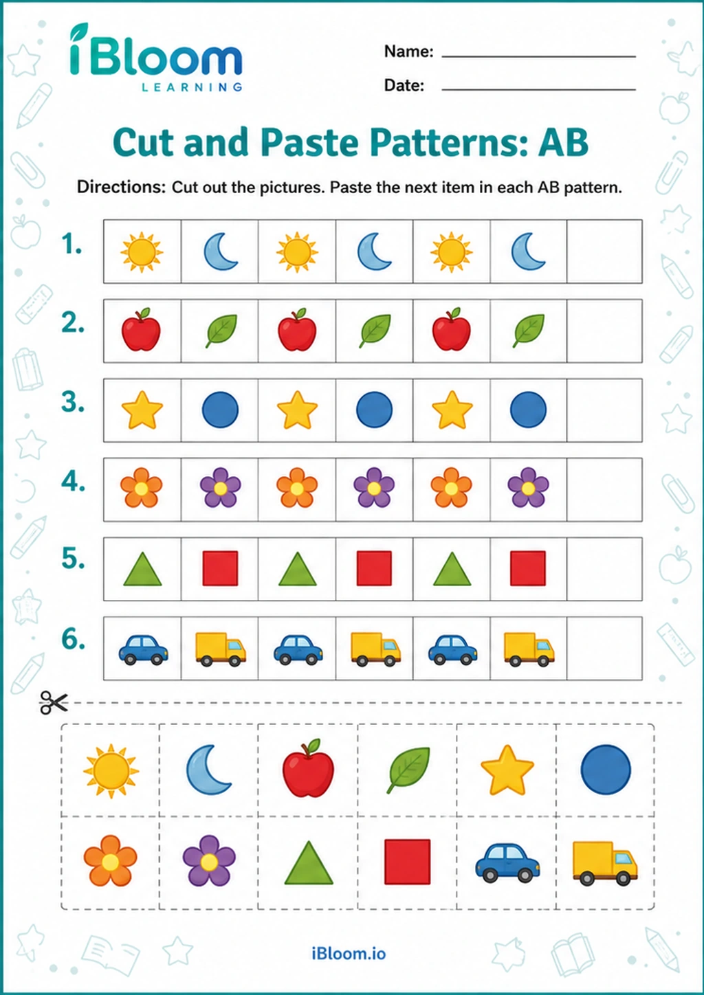 Cut and Paste Patterns: AB printable UKG worksheet