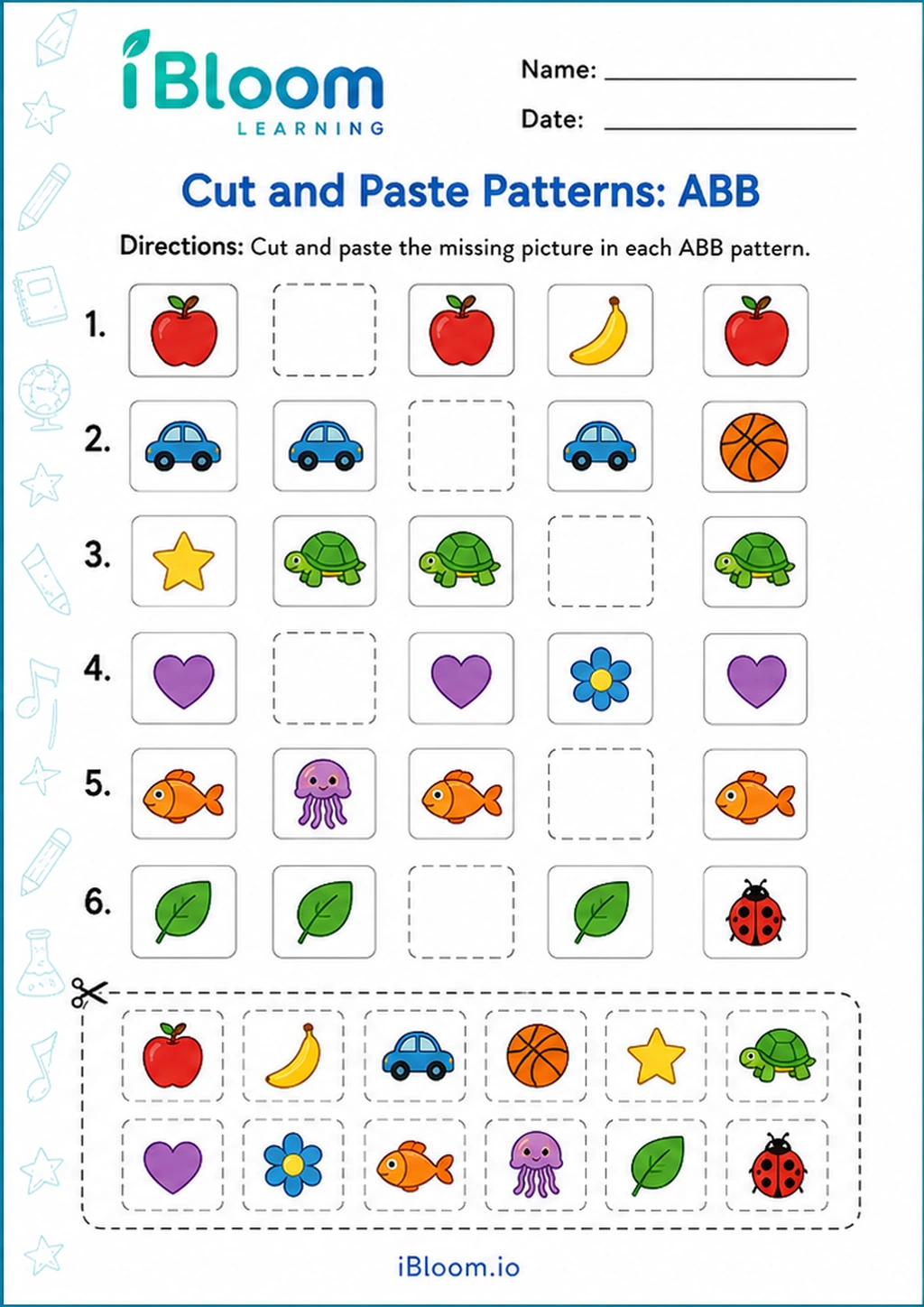 Cut and Paste Patterns: ABB printable UKG worksheet