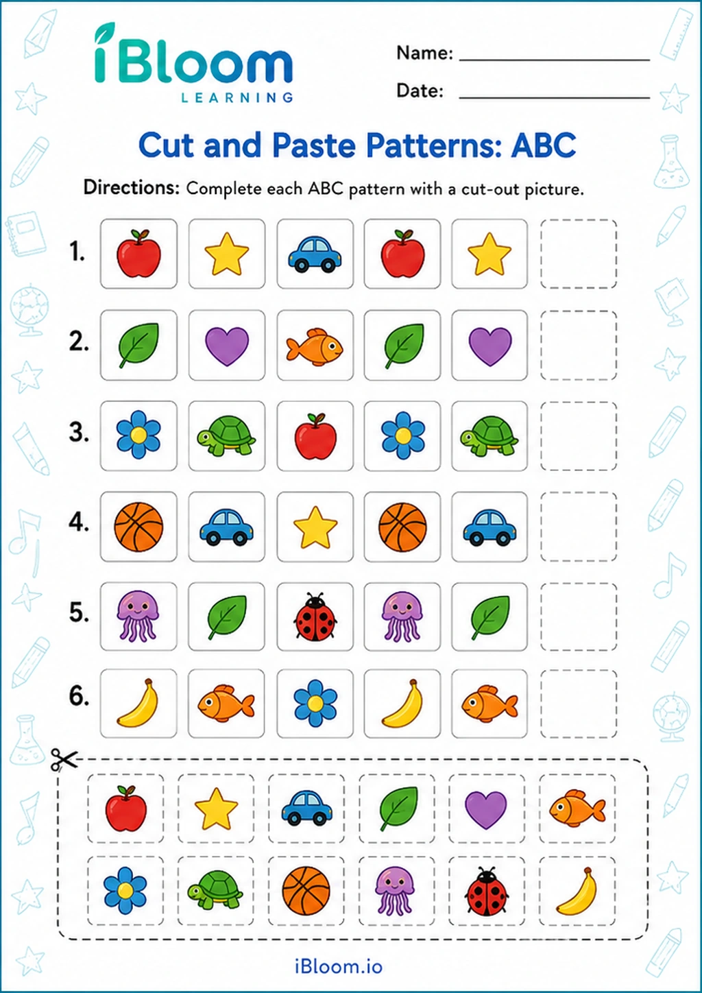 Cut and Paste Patterns: ABC printable UKG worksheet