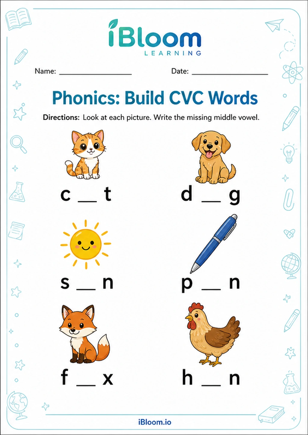 Phonics: Build CVC Words printable LKG worksheet