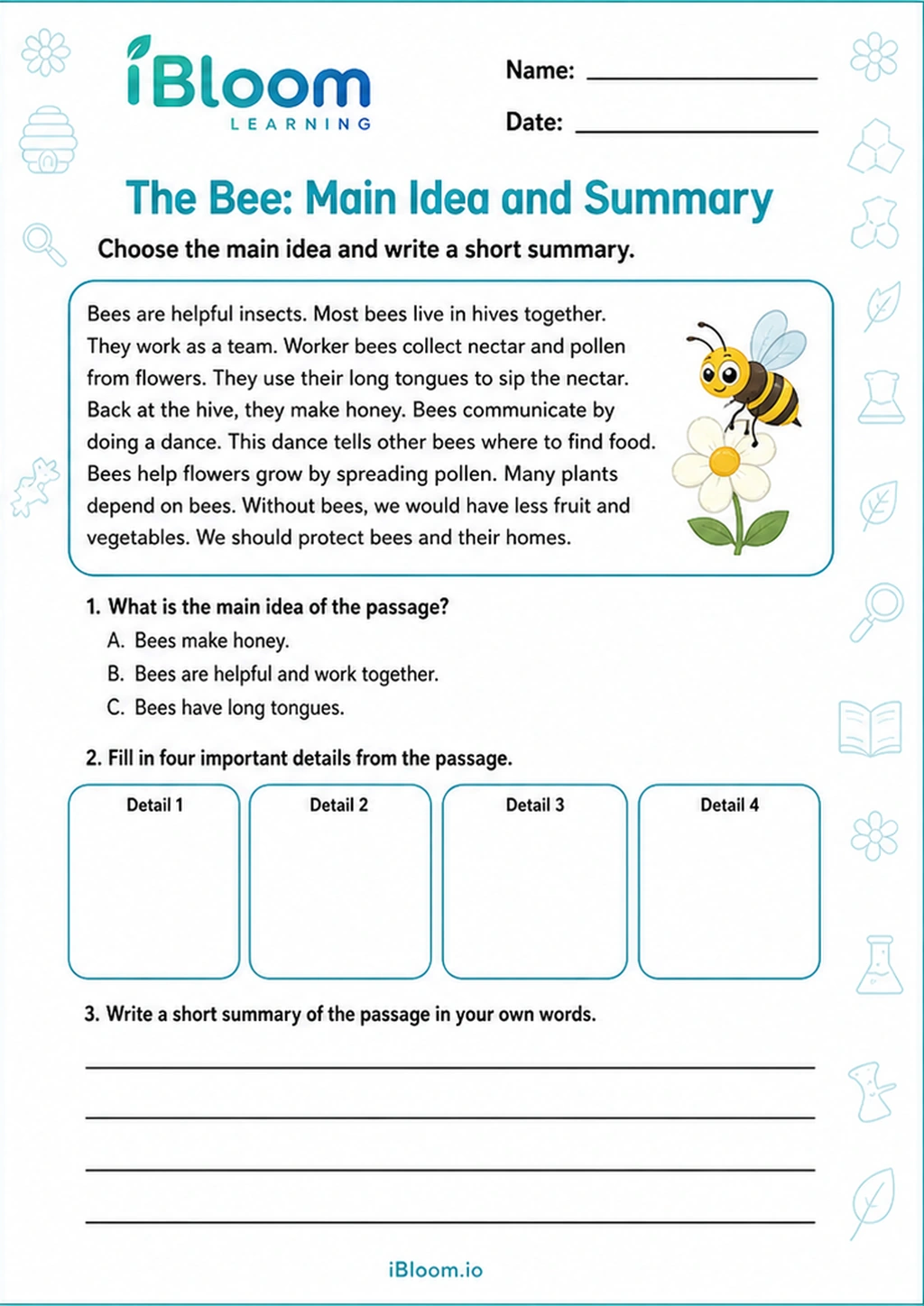 Preview of The Bee: Main Idea and Summary worksheet