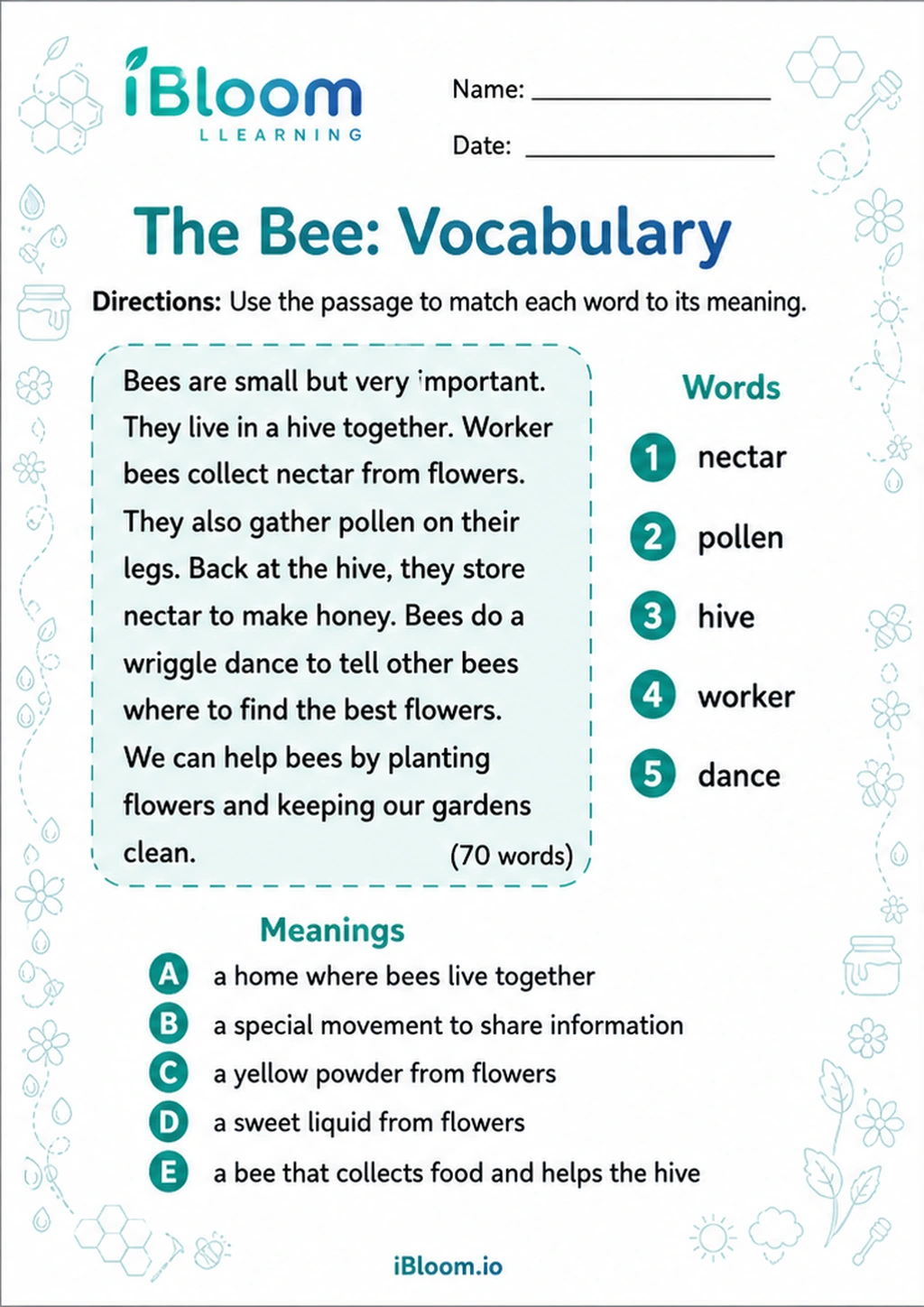 Preview of The Bee: Vocabulary worksheet