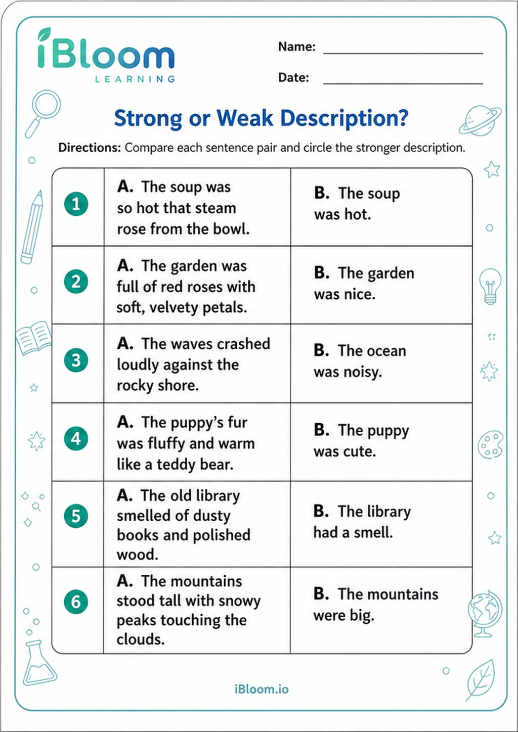 Strong or Weak Description? printable Class 5 worksheet