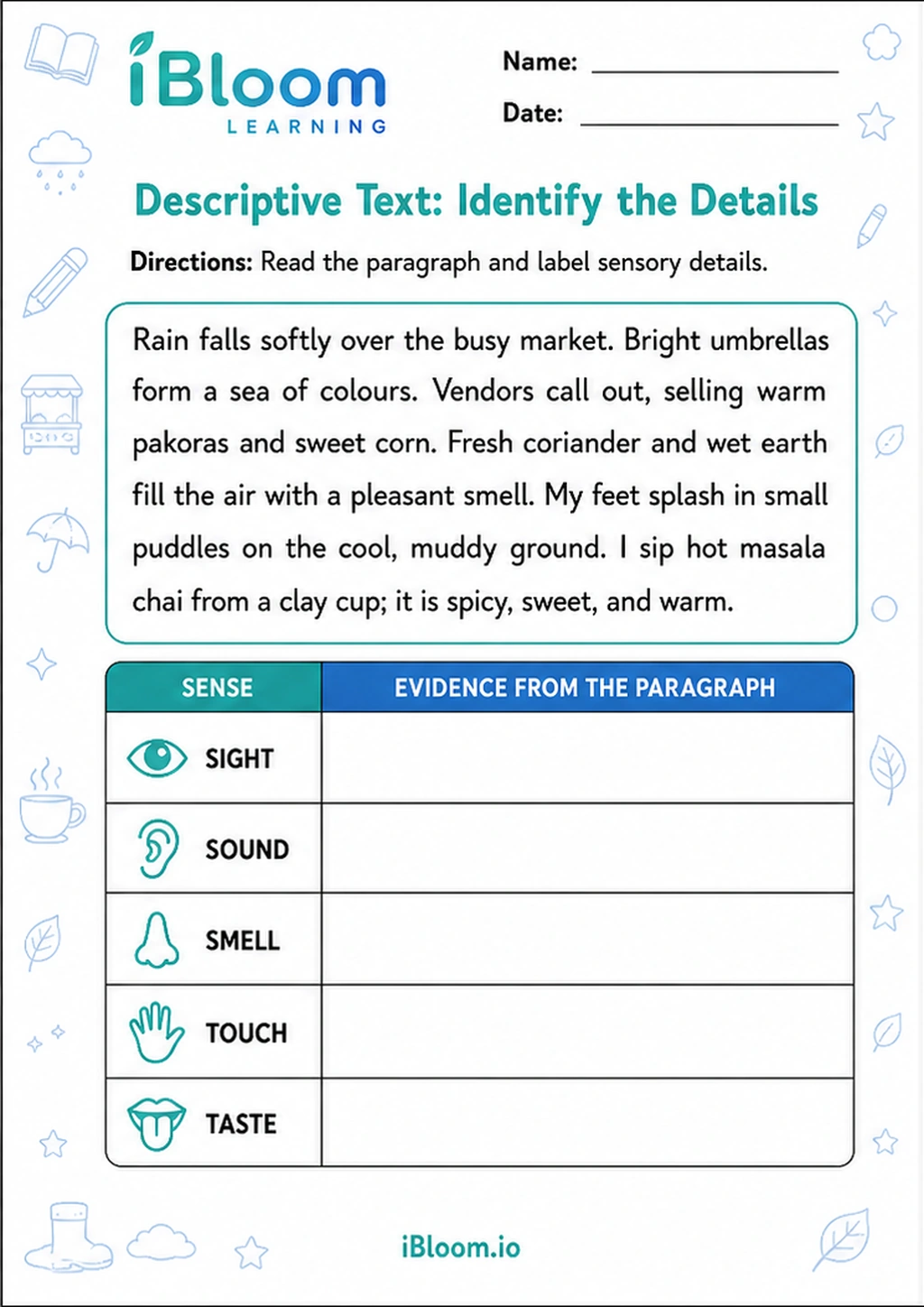 Descriptive Text: Identify the Details printable Class 5 worksheet