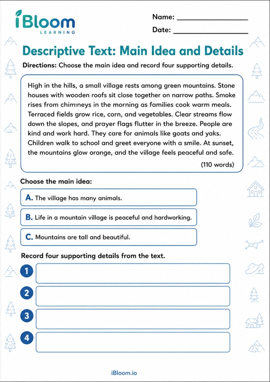 Preview of Descriptive Text: Main Idea and Details worksheet