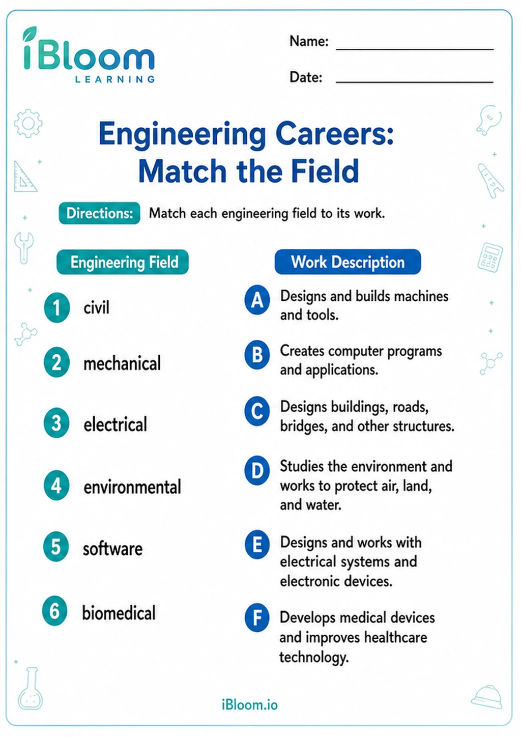 Engineering Careers: Match the Field printable Class 5 worksheet
