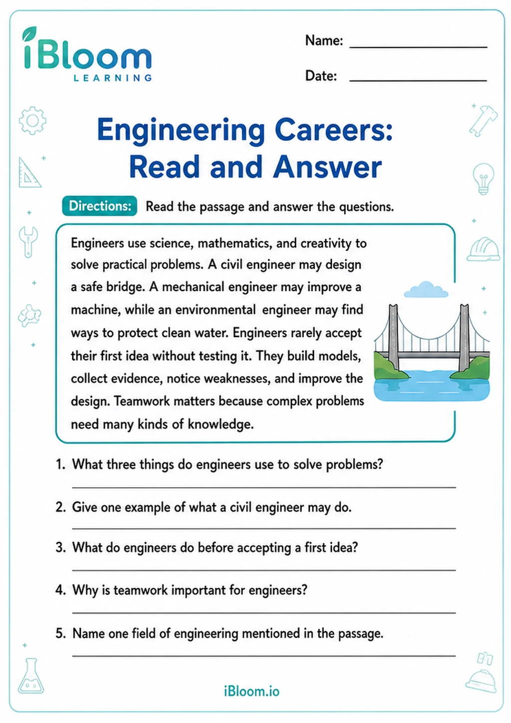 Engineering Careers: Read and Answer printable Class 5 worksheet