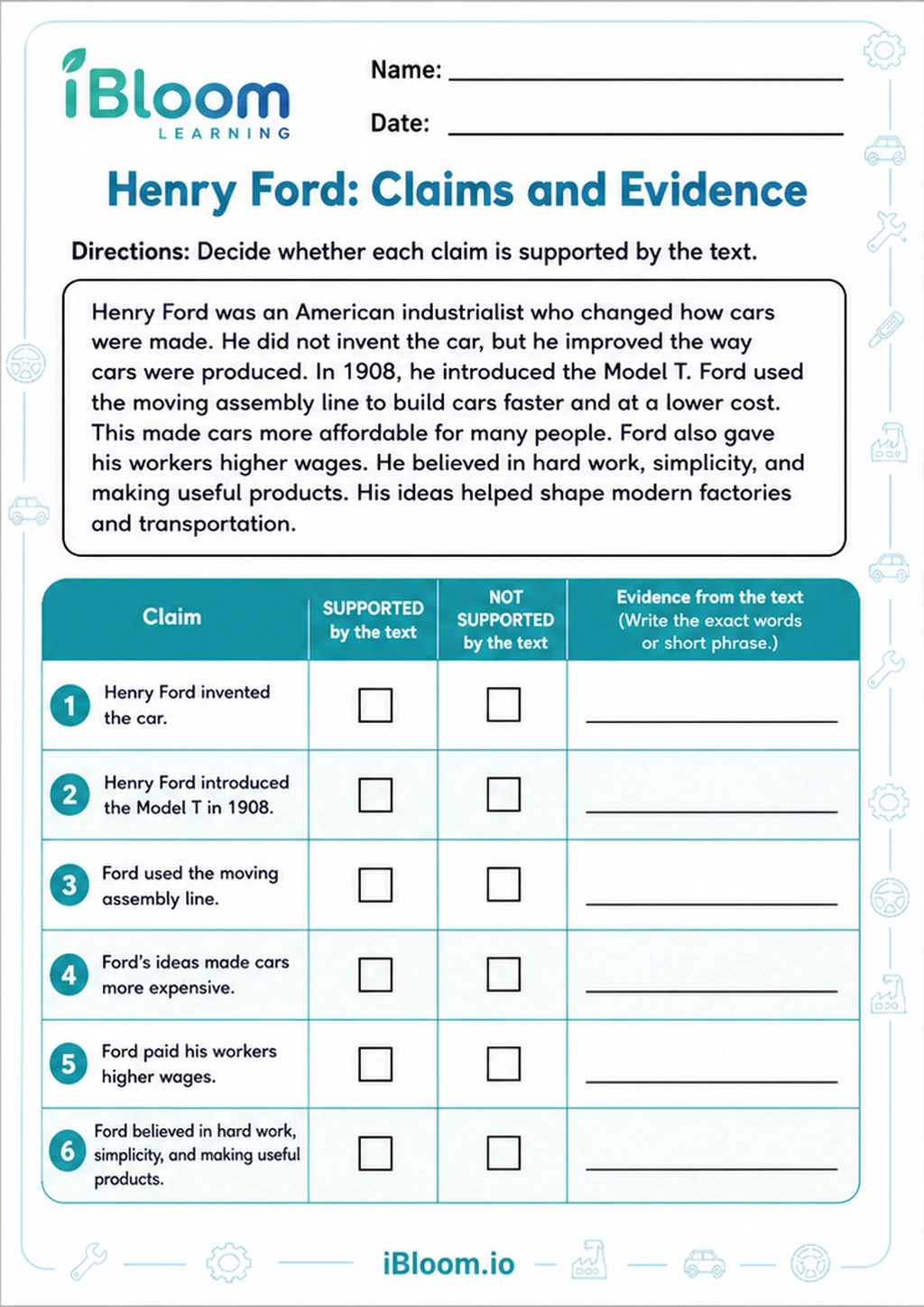 Preview page 1 of Henry Ford: Claims and Evidence