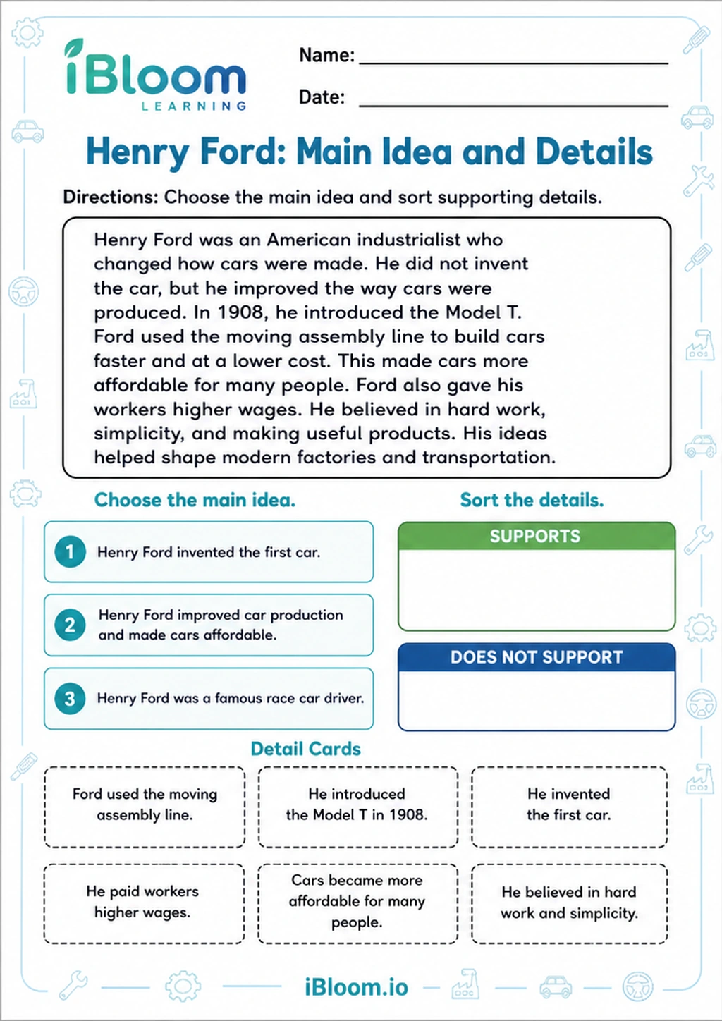 Preview page 1 of Henry Ford: Main Idea and Details