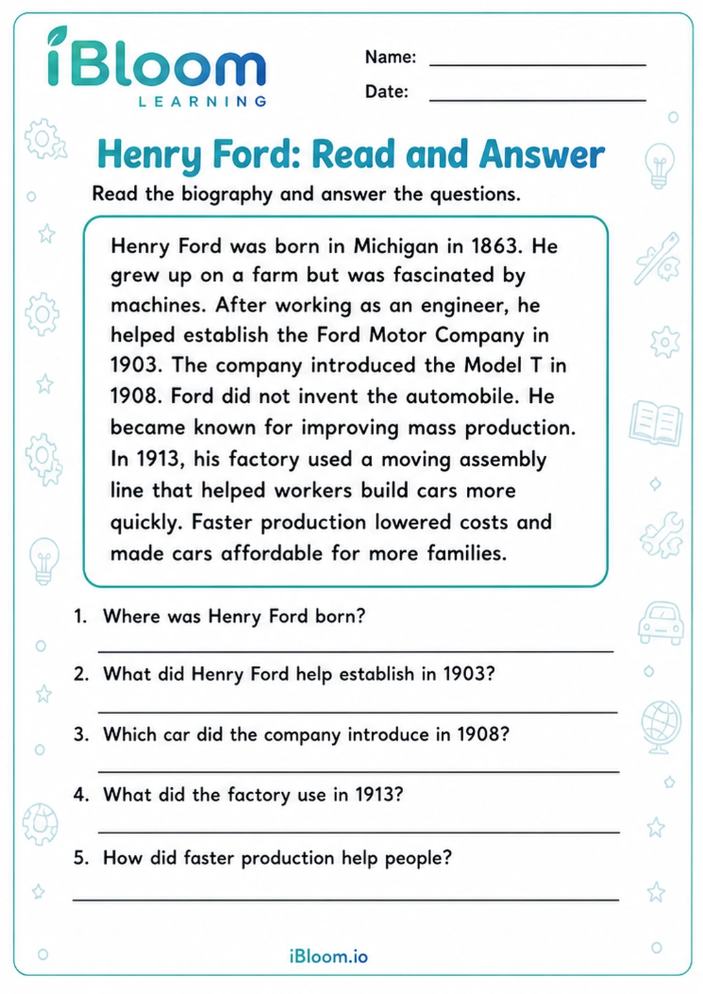 Henry Ford: Read and Answer printable Class 5 worksheet