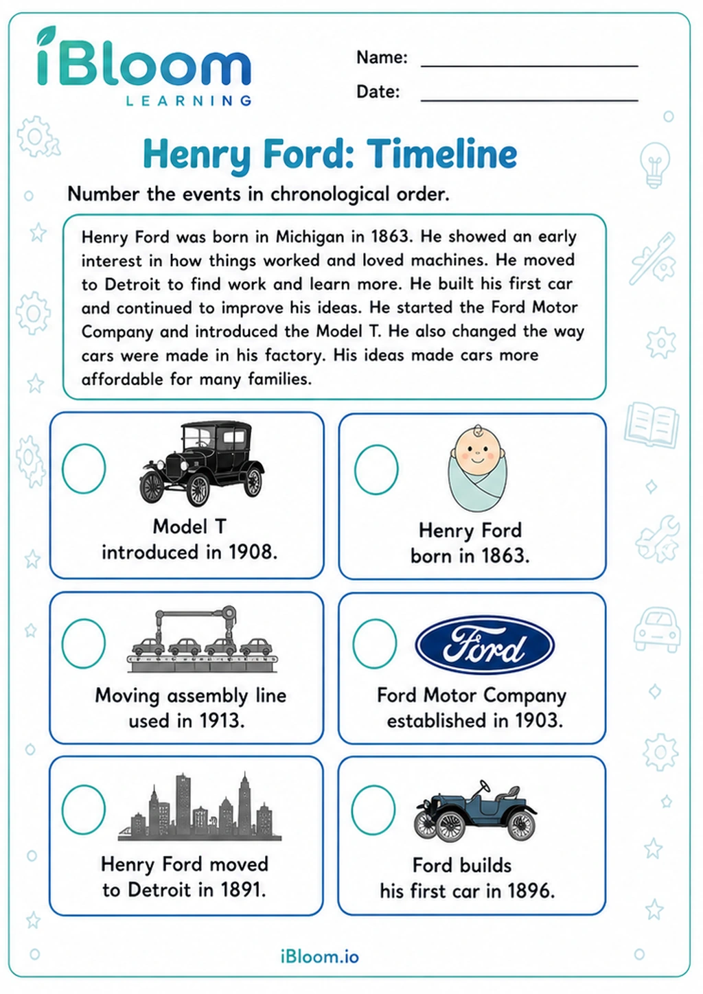 Henry Ford: Timeline printable Class 5 worksheet