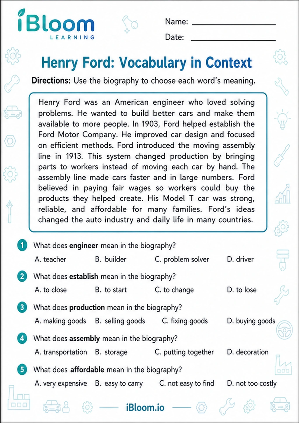 Preview page 1 of Henry Ford: Vocabulary in Context