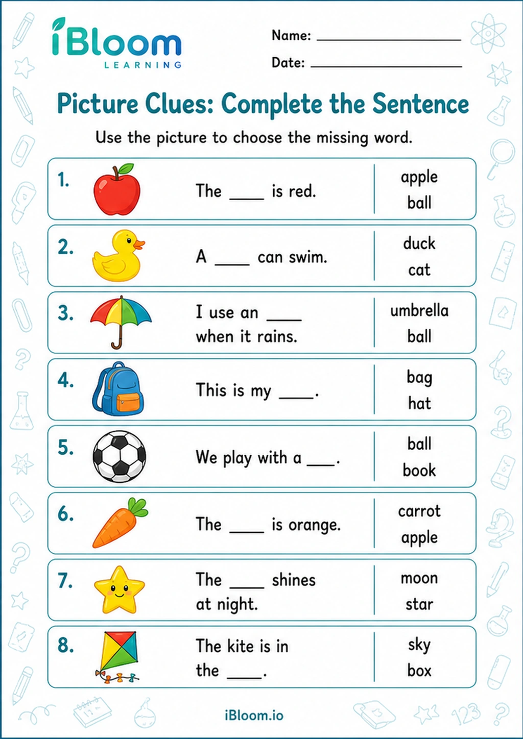 Picture Clues: Complete the Sentence printable Class 1 worksheet
