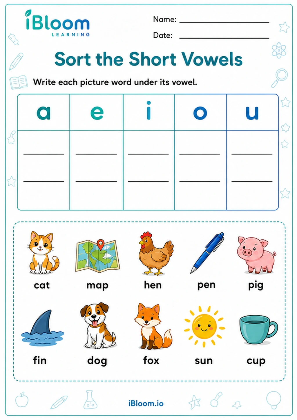 Sort the Short Vowels printable UKG worksheet