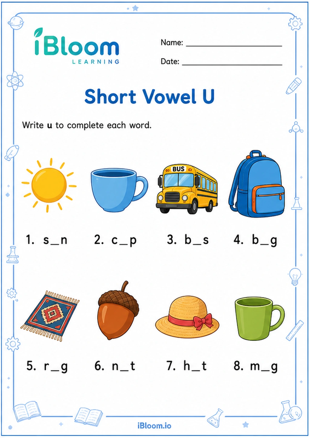 Short Vowel U printable UKG worksheet