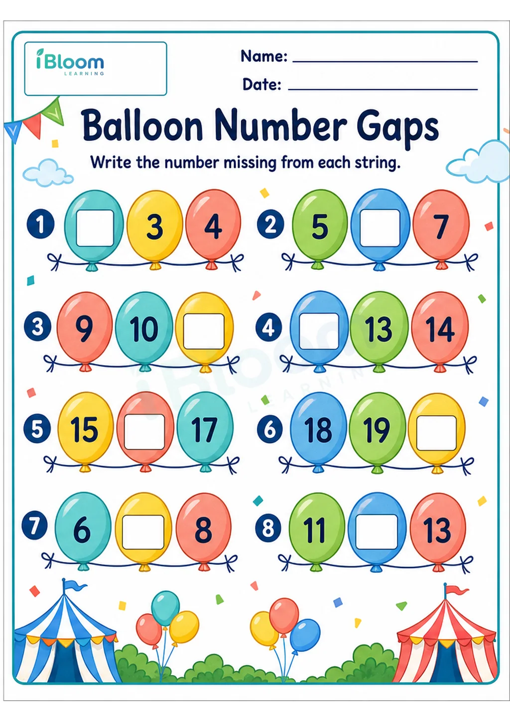 Balloon Number Gaps UKG Mathematics Worksheet printable UKG Mathematics worksheet preview