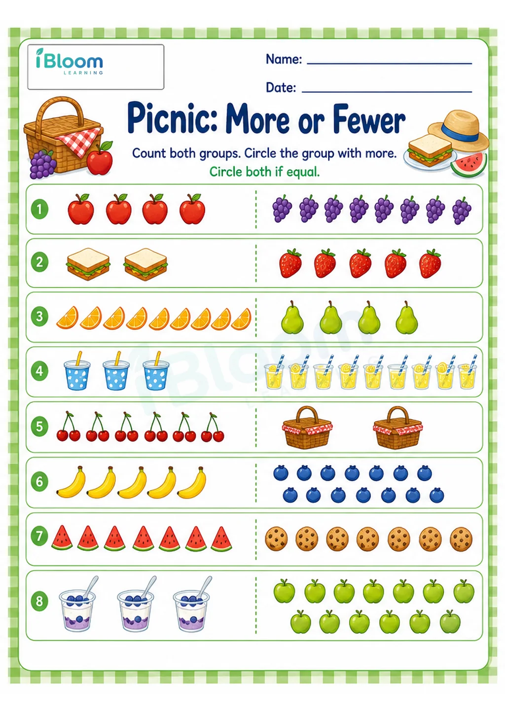 Preview page 1 of Picnic More or Fewer UKG Mathematics Worksheet