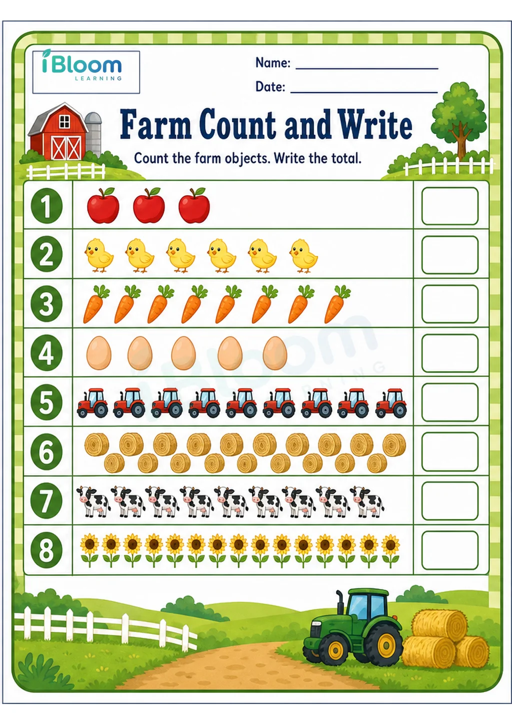 Farm Count and Write UKG Mathematics Worksheet printable UKG Mathematics worksheet preview