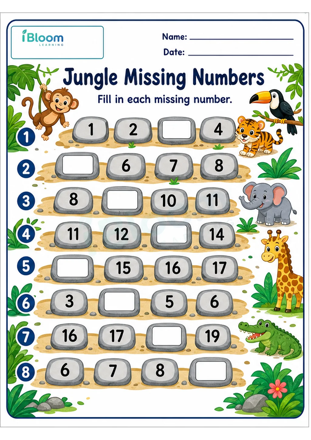 Preview page 1 of Jungle Missing Numbers UKG Mathematics Worksheet
