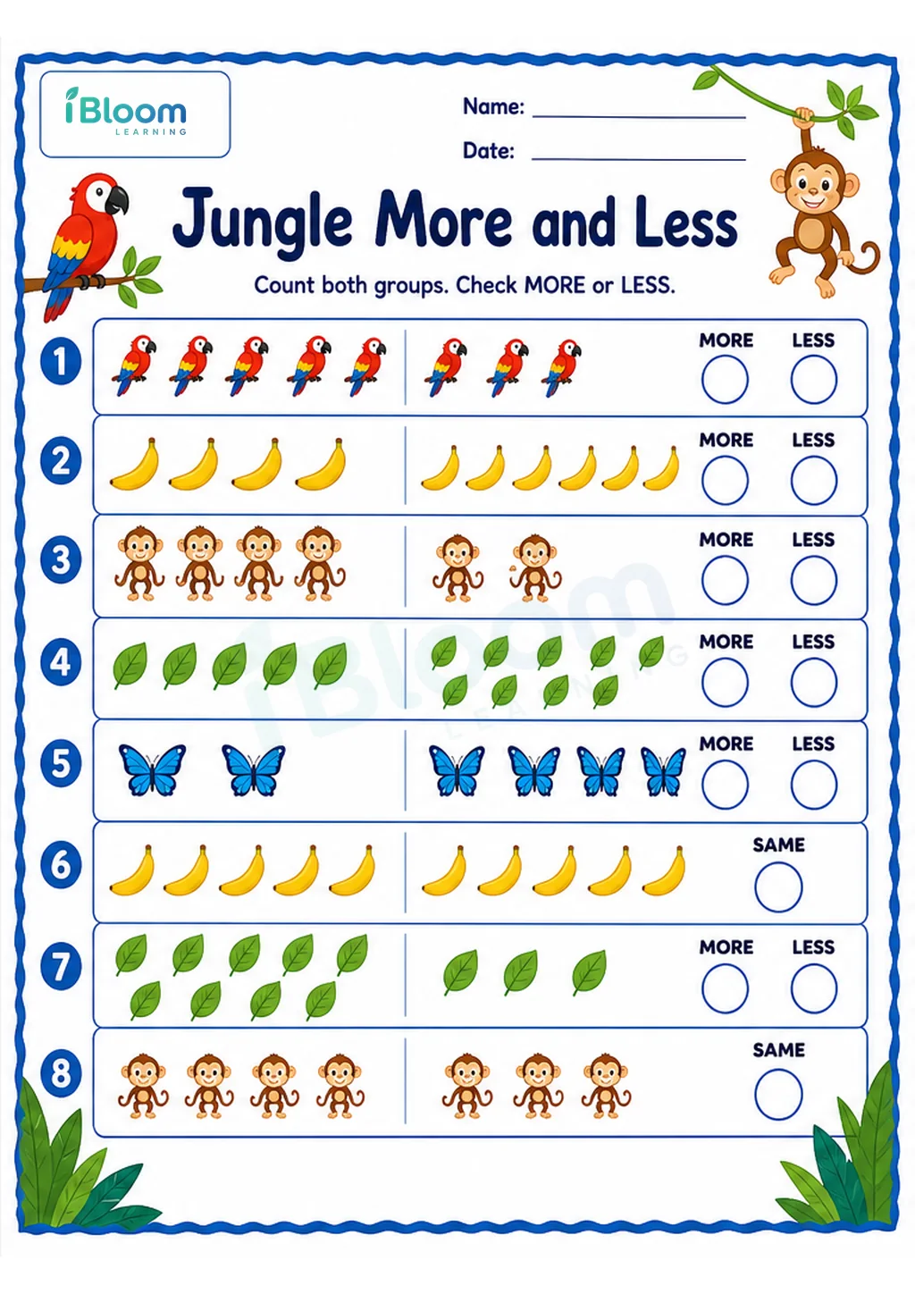 Preview of Jungle More and Less UKG Mathematics Worksheet worksheet