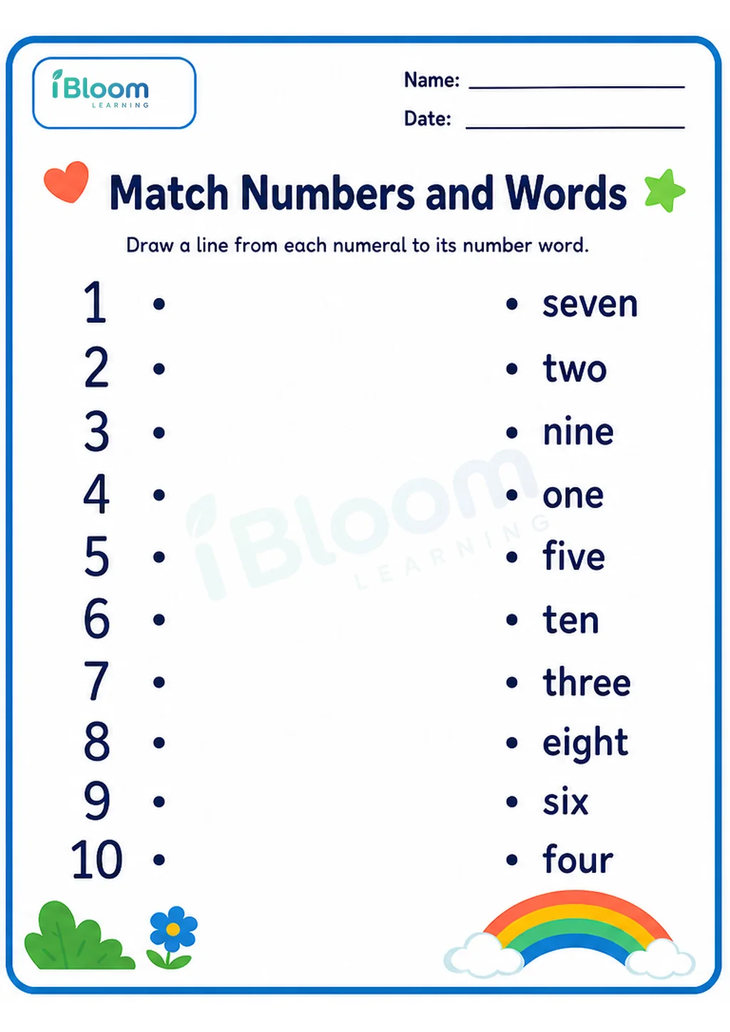 Preview page 1 of Match Numbers and Words UKG Mathematics Worksheet