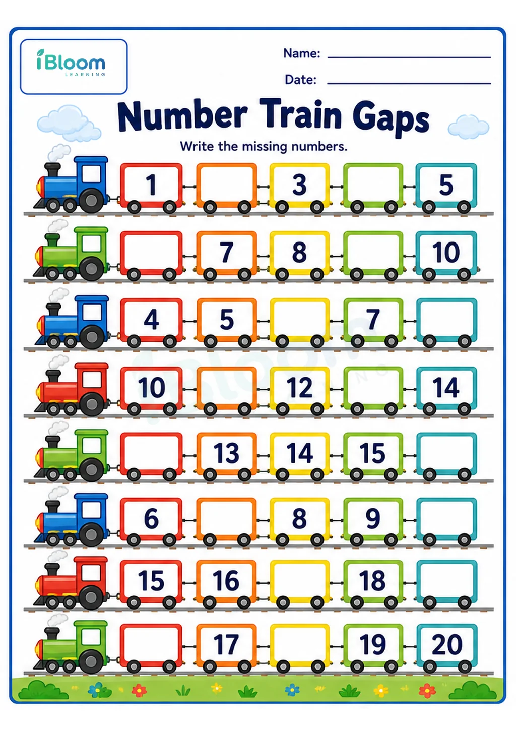 Preview of Number Train Gaps UKG Mathematics Worksheet worksheet