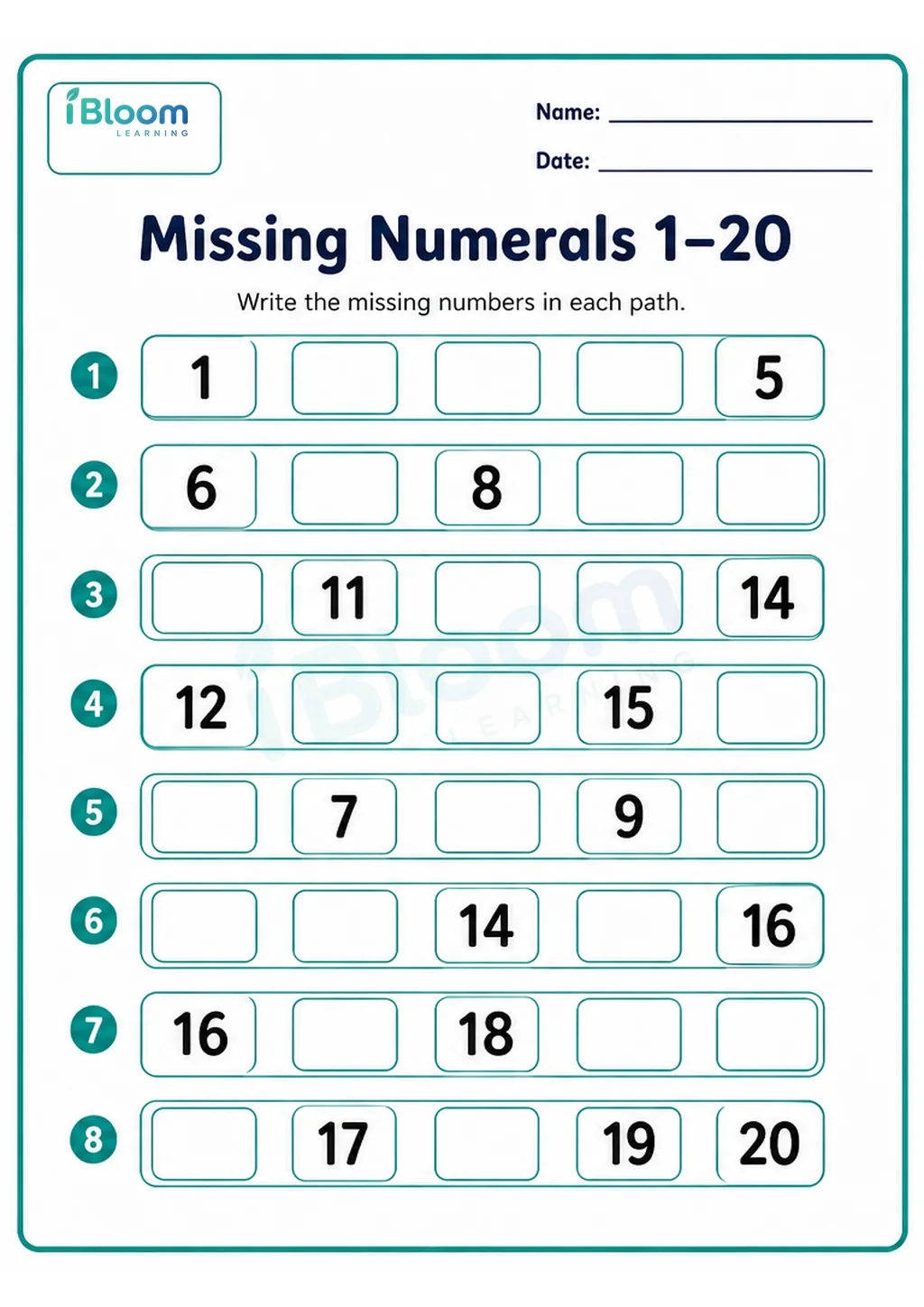 Missing Numerals 1-20 UKG Mathematics Worksheet printable UKG Mathematics worksheet preview