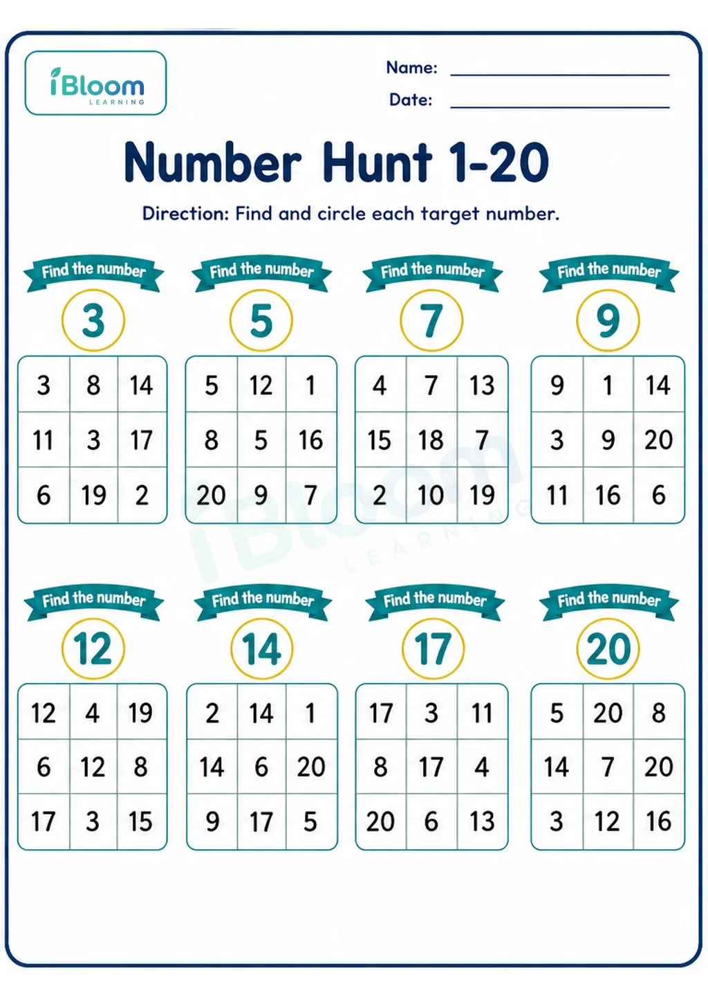 Preview page 1 of Number Hunt 1-20 UKG Mathematics Worksheet