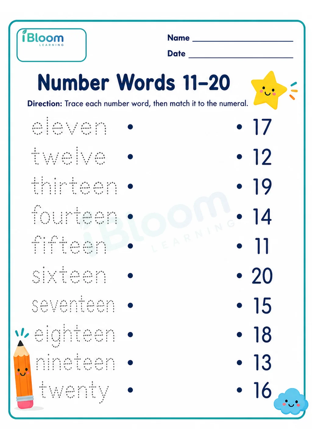 Number Words 11-20 UKG Mathematics Worksheet printable UKG Mathematics worksheet preview