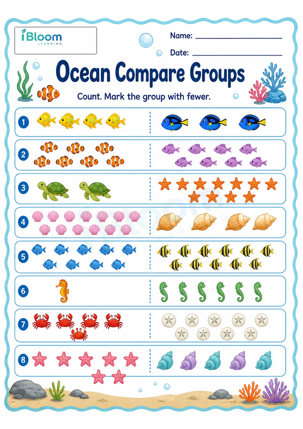 Preview page 1 of Ocean Compare Groups UKG Mathematics Worksheet