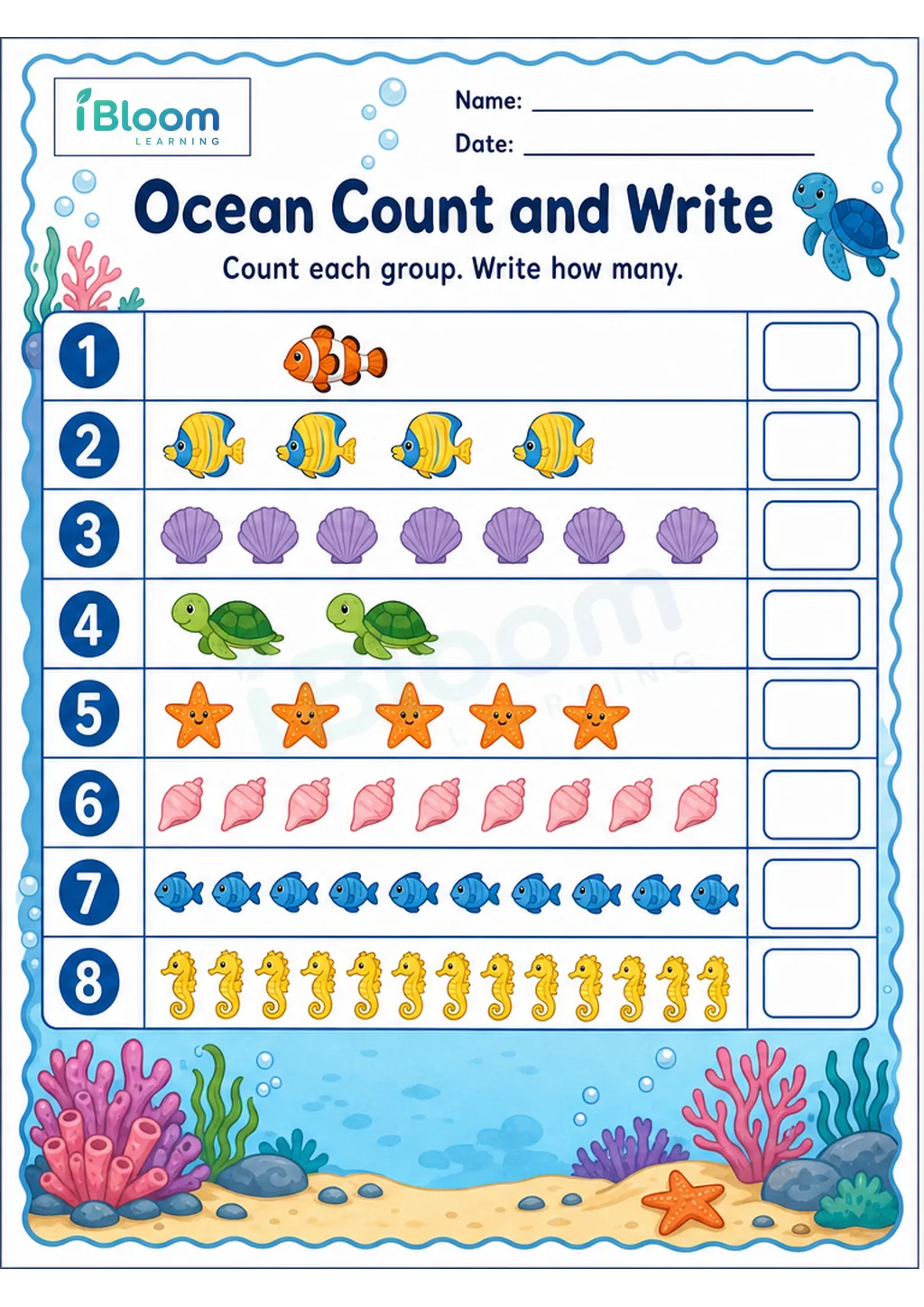 Ocean Count and Write UKG Mathematics Worksheet printable UKG Mathematics worksheet preview