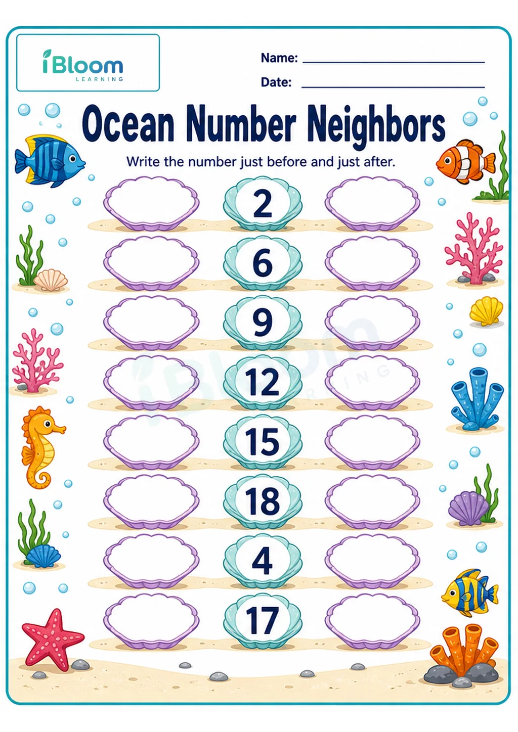 Ocean Number Neighbors UKG Mathematics Worksheet printable UKG Mathematics worksheet preview