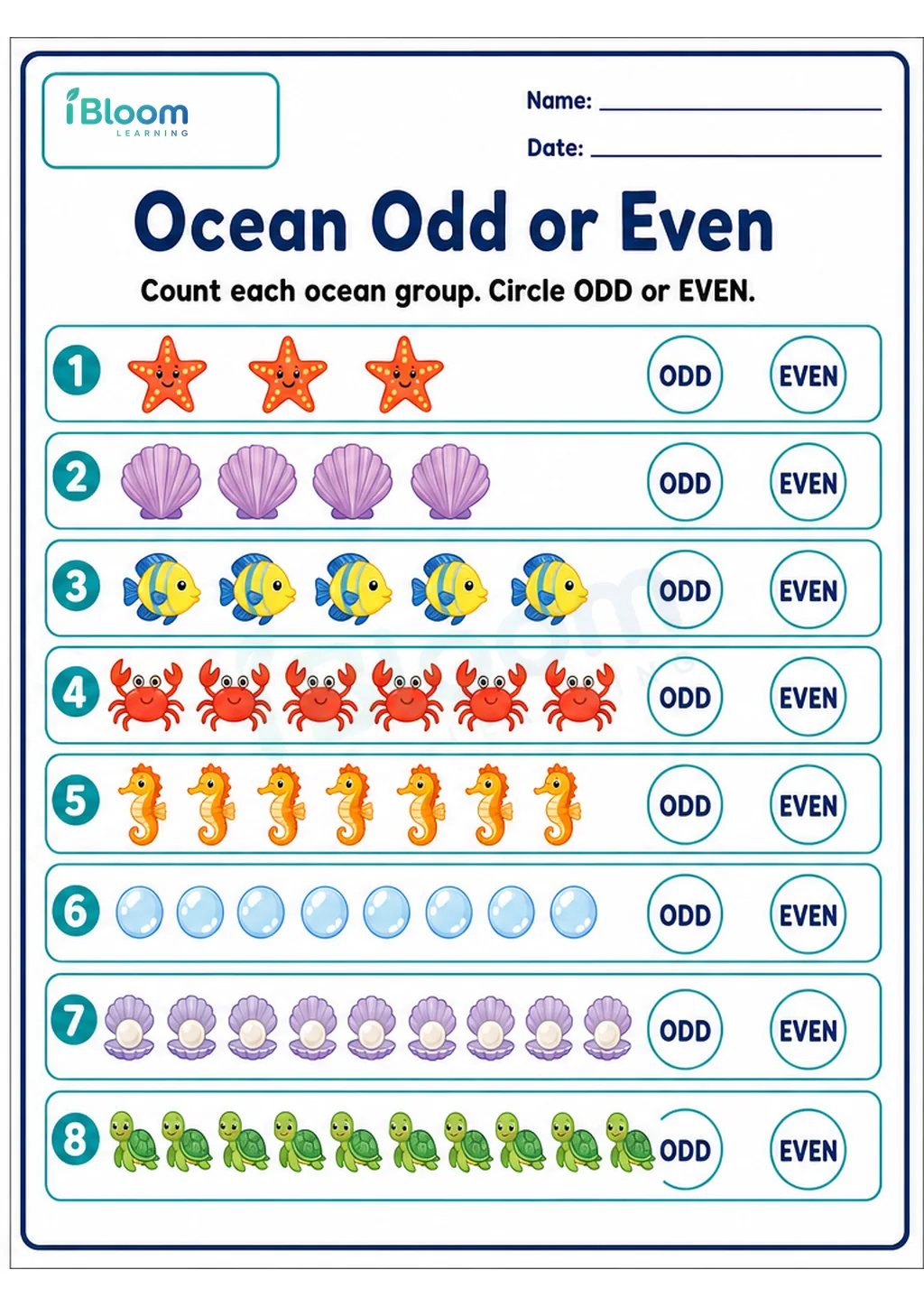 Preview of Ocean Odd or Even UKG Mathematics Worksheet worksheet