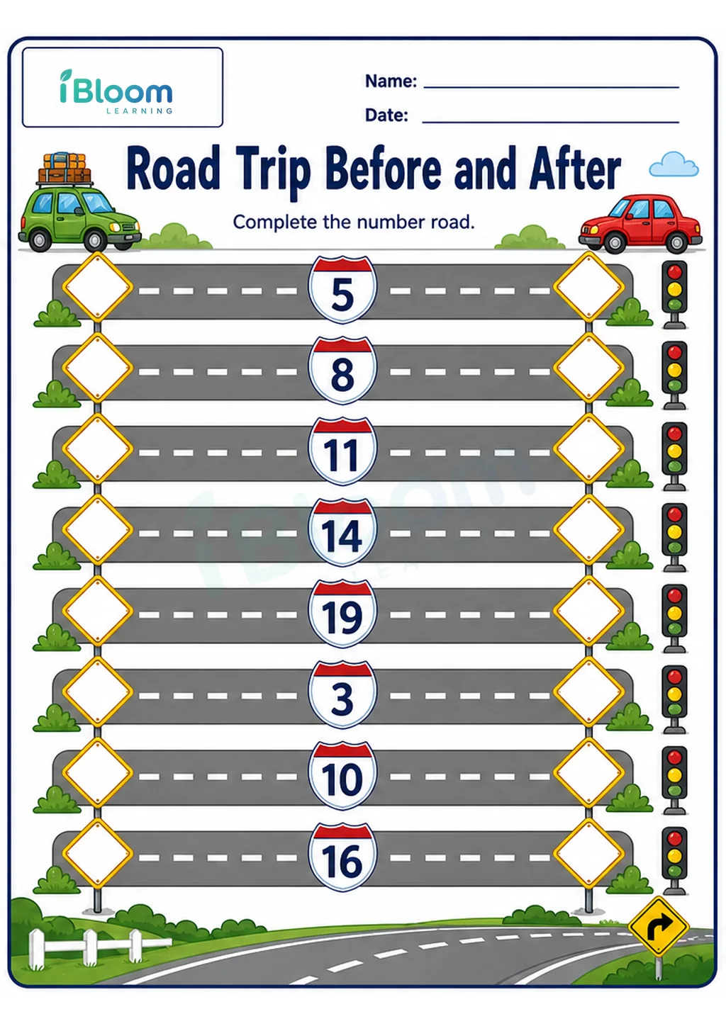Preview page 1 of Road Trip Before and After UKG Mathematics Worksheet