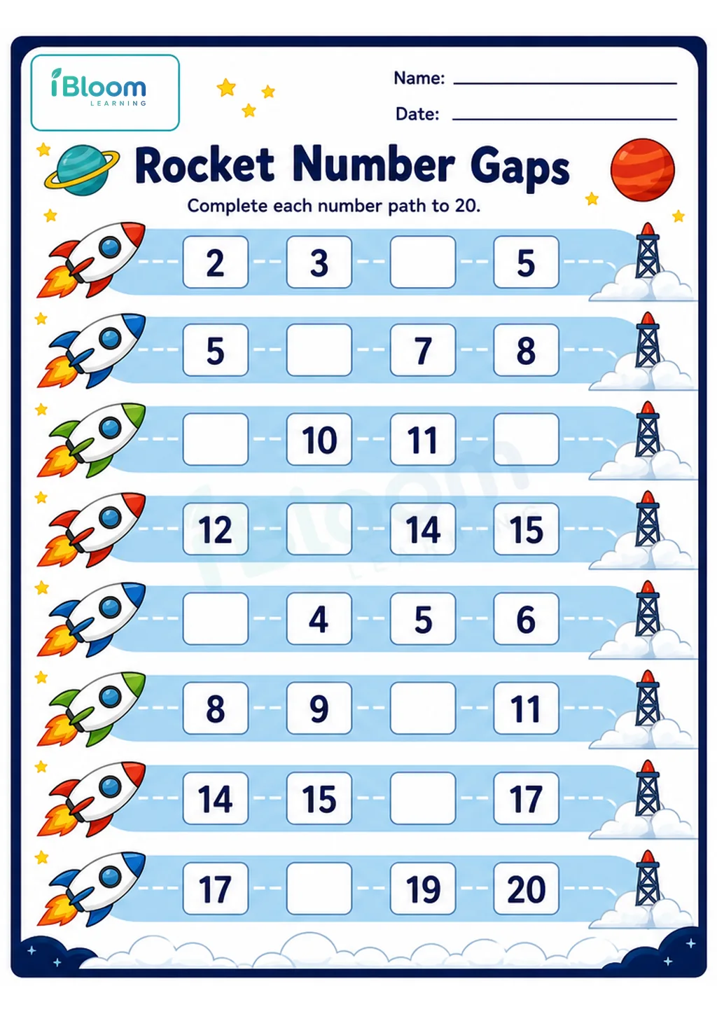 Preview page 1 of Rocket Number Gaps UKG Mathematics Worksheet