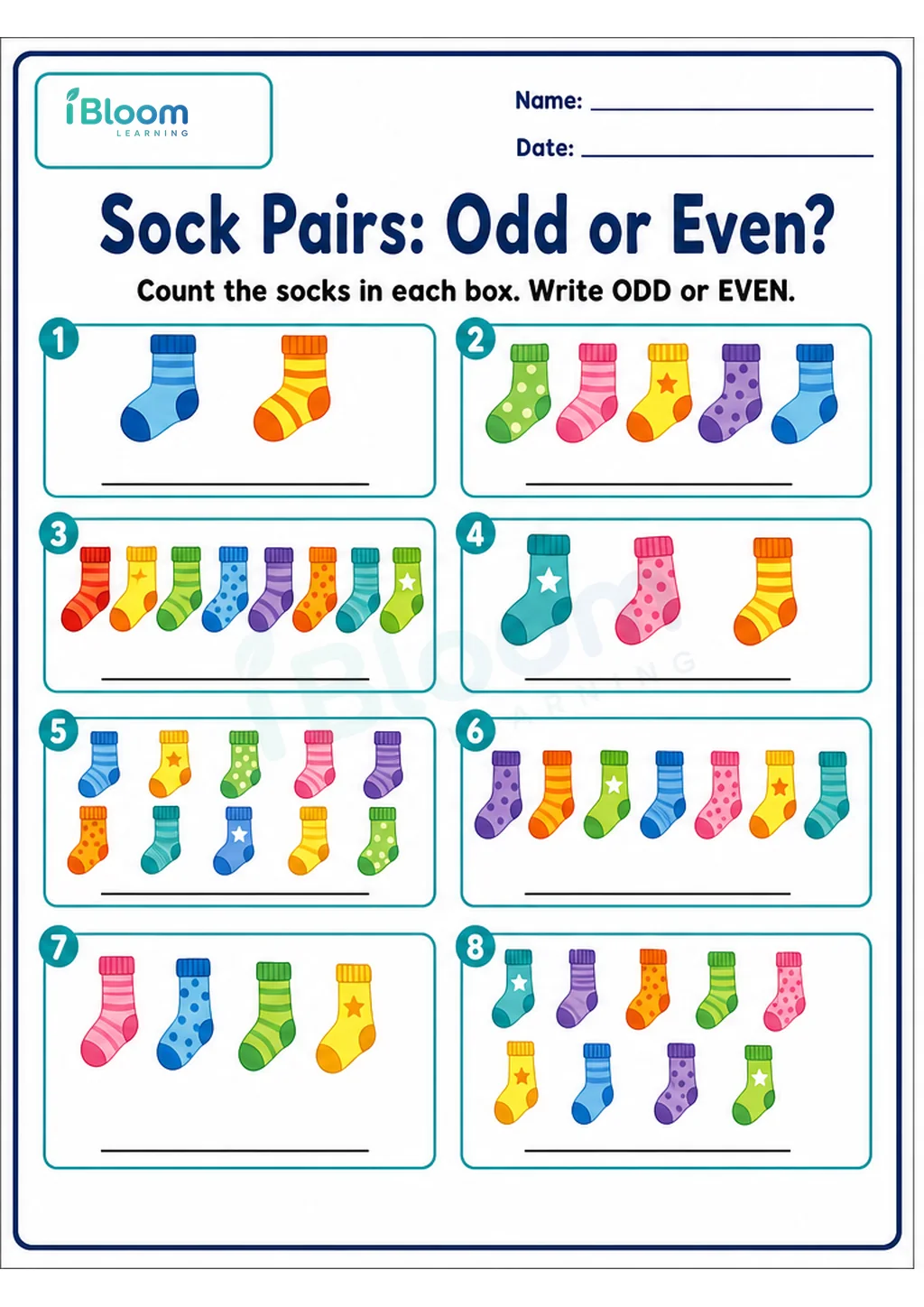 Sock Pairs: Odd or Even? UKG Mathematics Worksheet printable UKG Mathematics worksheet preview