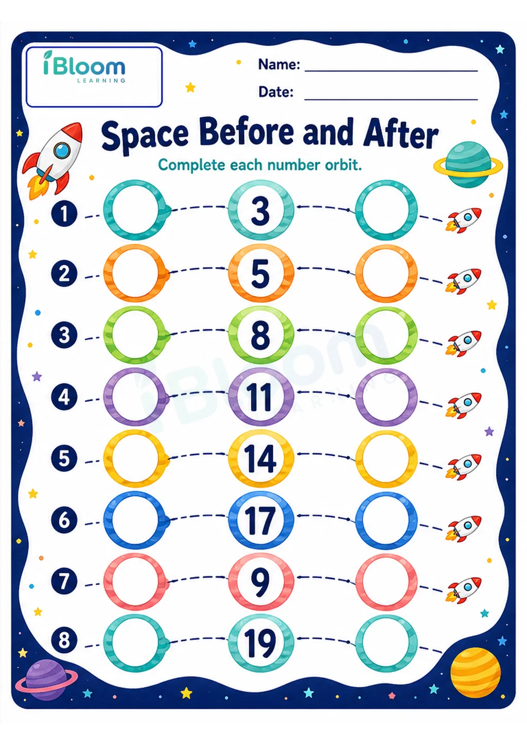Preview page 1 of Space Before and After UKG Mathematics Worksheet