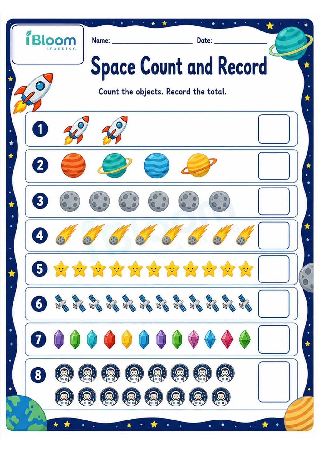 Preview page 1 of Space Count and Record UKG Mathematics Worksheet