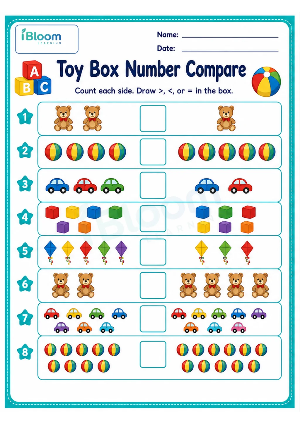 Preview of Toy Box Number Compare UKG Mathematics Worksheet worksheet