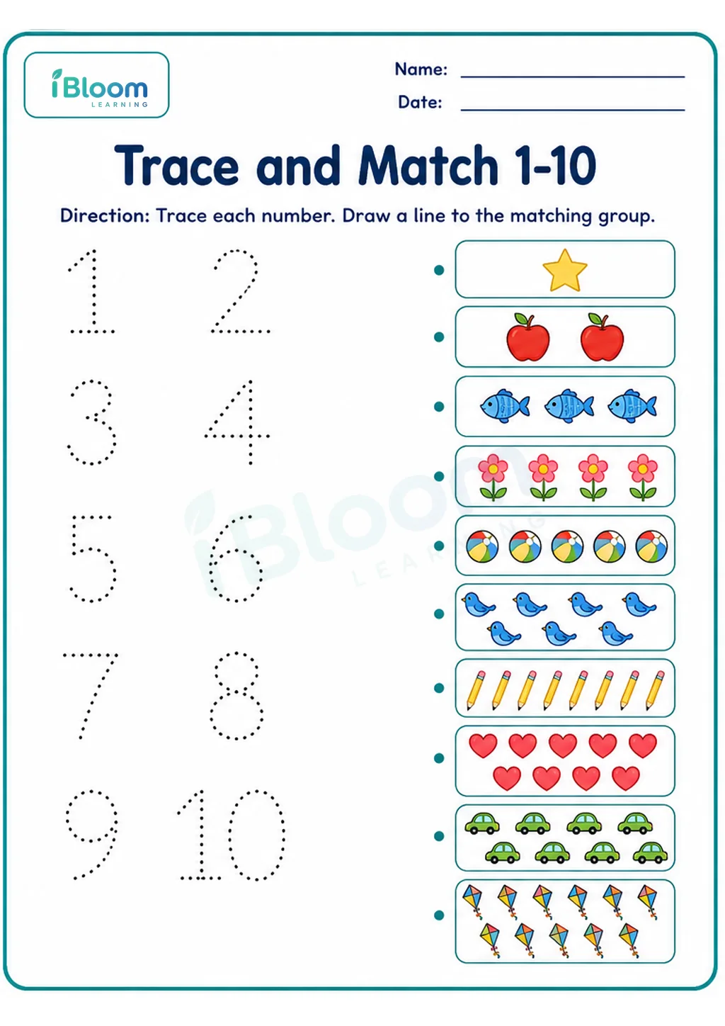 Trace and Match 1-10 UKG Mathematics Worksheet printable UKG Mathematics worksheet preview
