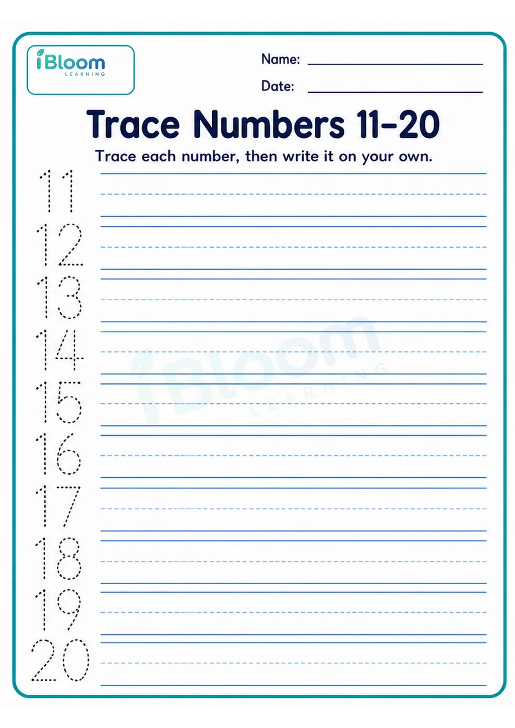 Preview page 1 of Trace Numbers 11-20 UKG Mathematics Worksheet