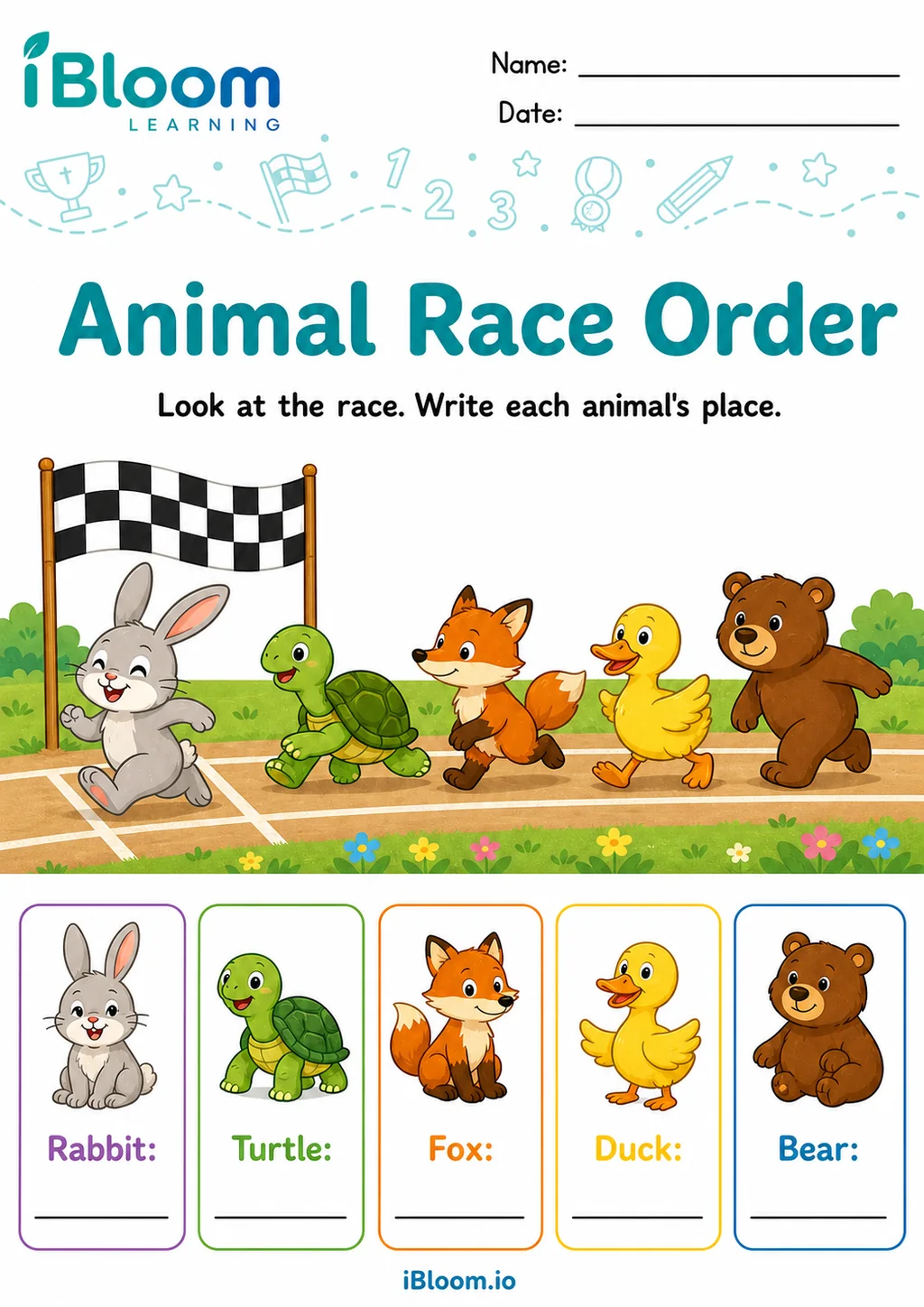 Preview of Animal Race Order UKG Mathematics Worksheet worksheet