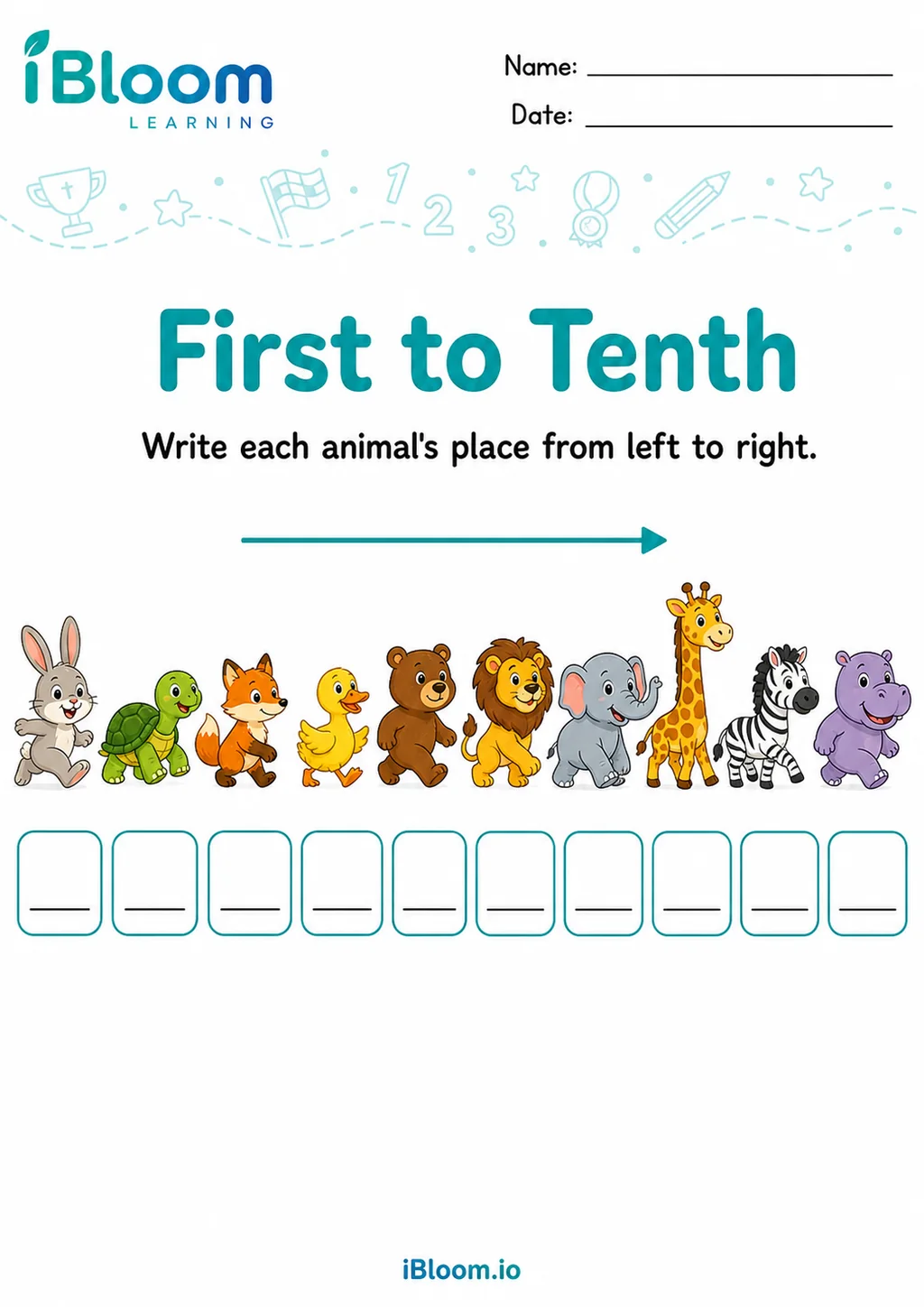First to tenth animal positions printable UKG Mathematics worksheet preview