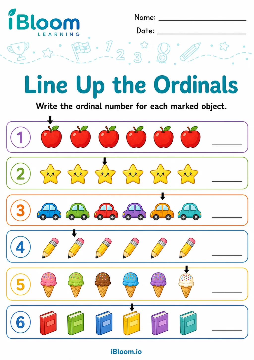 Preview page 1 of Line Up the Ordinals UKG Mathematics Worksheet