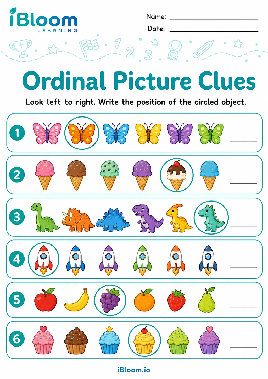 Preview of Ordinal Picture Clues UKG Mathematics Worksheet worksheet