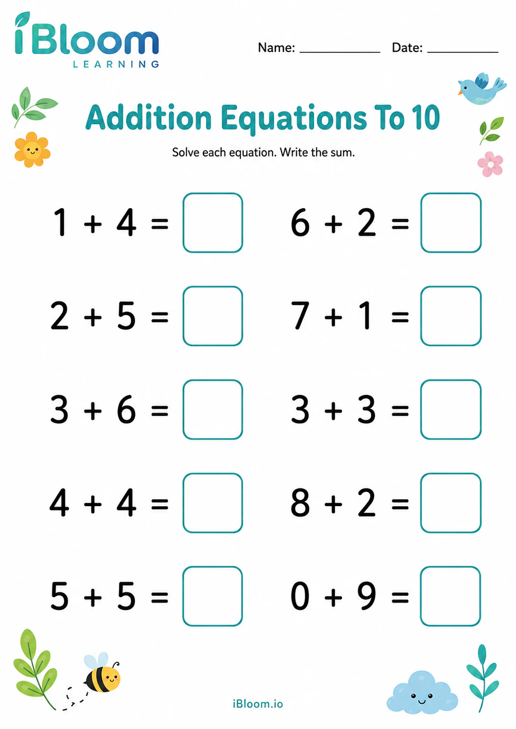 Preview page 1 of Addition Equations To 10